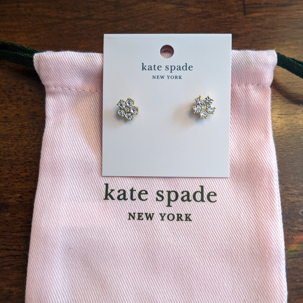 Kate Spade Flower Cubic Zirconia with Gold Trim Earrings + Dust Bag Nwt ❤